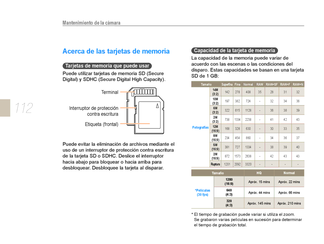 Samsung EV-NX10ZZBABDE, NX10RH08M3/SES, EV-NX10ZZBCBES 112, Acerca de las tarjetas de memoria, Mantenimiento de la cámara 