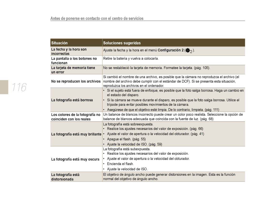 Samsung NX10PRCV02/SES, EV-NX10ZZBABDE, NX10RH08M3/SES manual 116, Antes de ponerse en contacto con el centro de servicios 