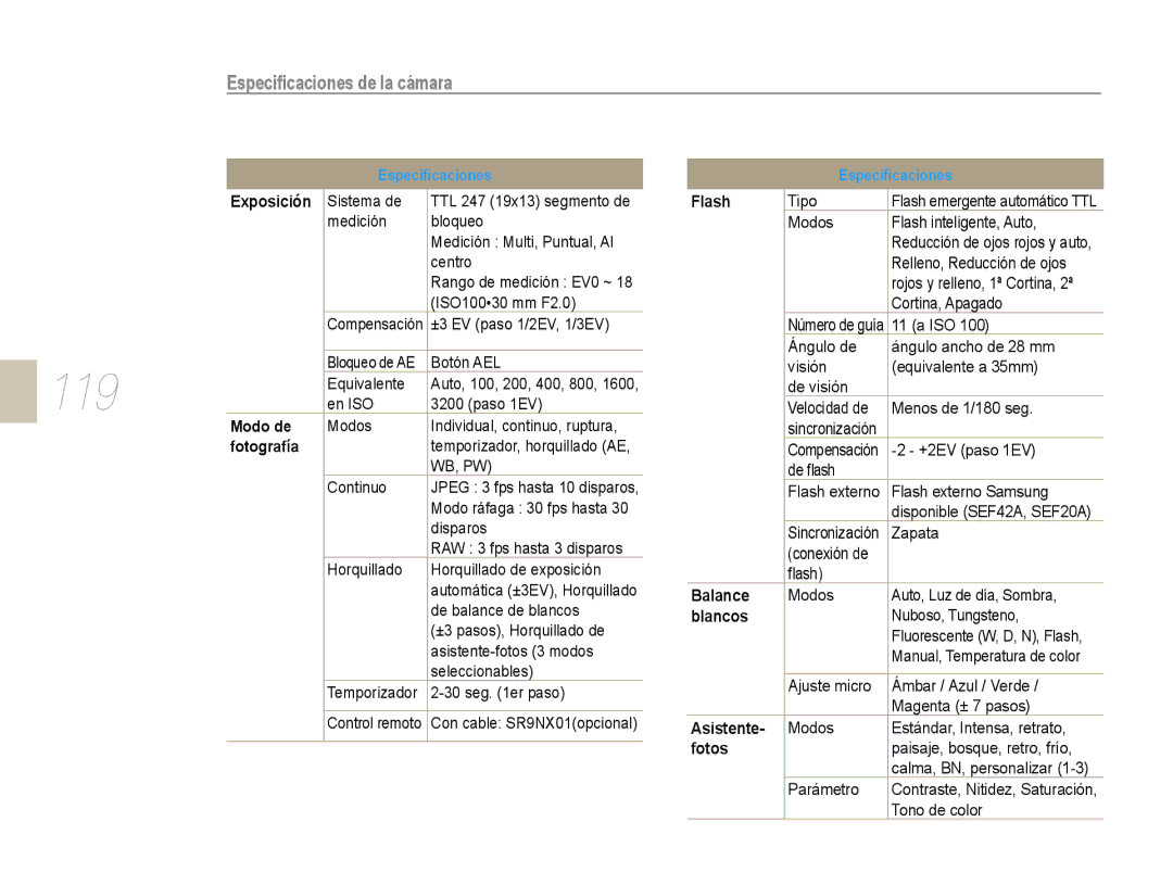 Samsung NX10PRTV01/SES, EV-NX10ZZBABDE, NX10RH08M3/SES, EV-NX10ZZBCBES, EV-NX10ZZBABPT manual 119, Especiﬁcaciones de la cámara 