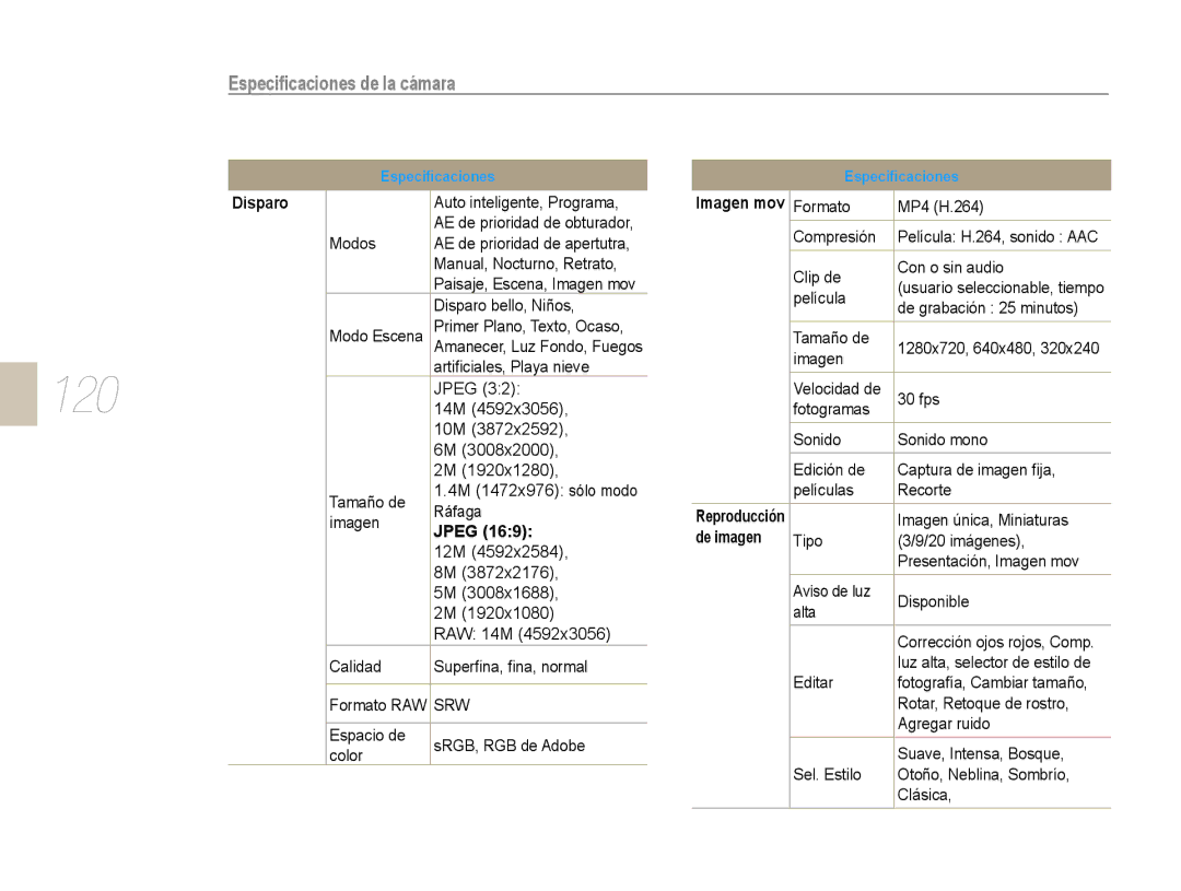 Samsung EV-NX10ZZBABDE, NX10RH08M3/SES, EV-NX10ZZBCBES, EV-NX10ZZBABPT, NX10PRCV02/SES manual 120, Disparo, Jpeg, De imagen 