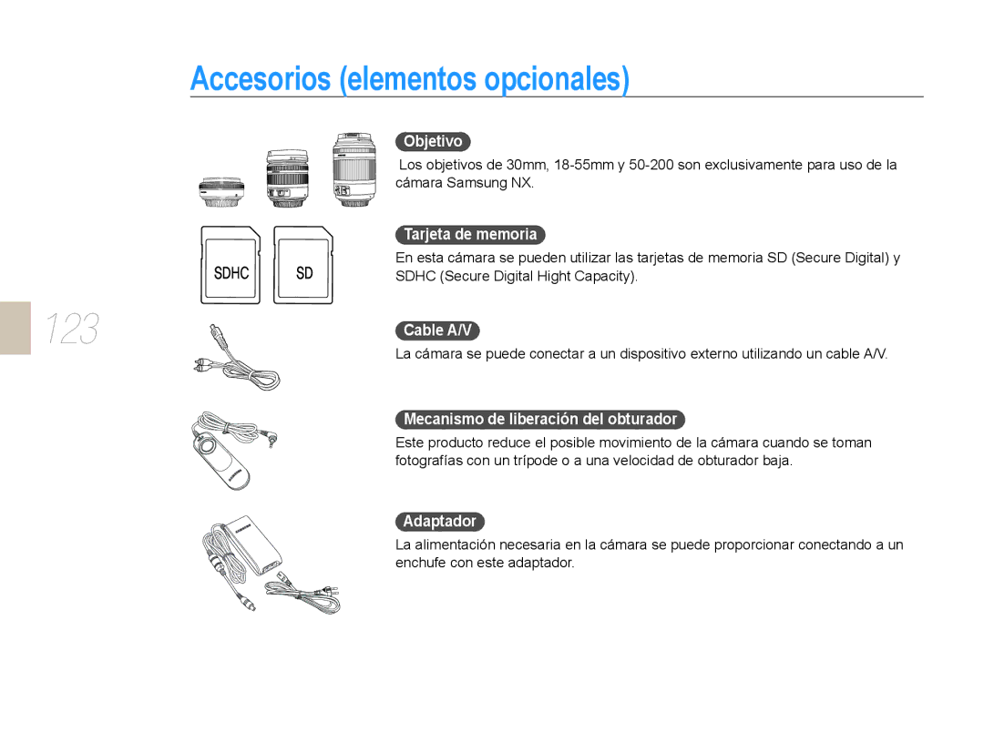 Samsung EV-NX10ZZBABPT, EV-NX10ZZBABDE manual Accesorios elementos opcionales, Objetivo, Tarjeta de memoria, Adaptador 