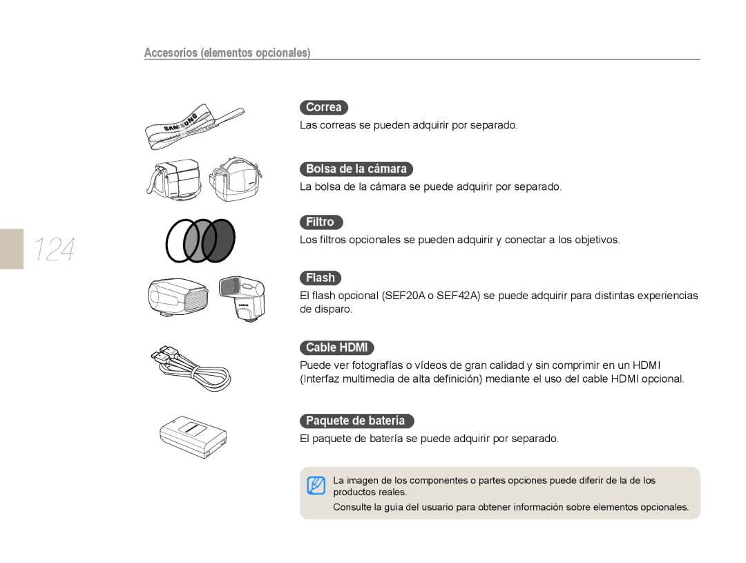 Samsung NX10PRCV02/SES, EV-NX10ZZBABDE, NX10RH08M3/SES, EV-NX10ZZBCBES, EV-NX10ZZBABPT manual Accesorios elementos opcionales 