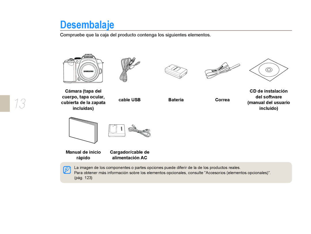 Samsung EV-NX10ZZBABDE, NX10RH08M3/SES, EV-NX10ZZBCBES, EV-NX10ZZBABPT manual Desembalaje, Cable USB Batería Correa 