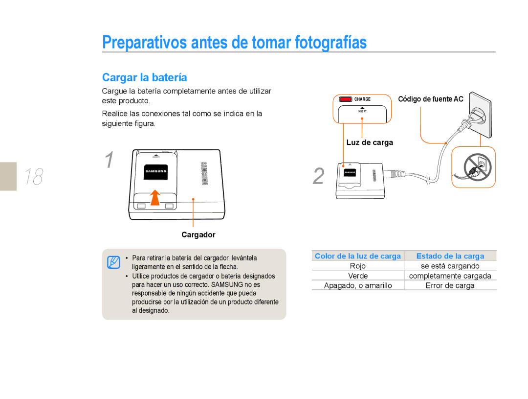 Samsung EV-NX10ZZBCBES, EV-NX10ZZBABDE Preparativos antes de tomar fotografías, Cargar la batería, Cargador, Luz de carga 