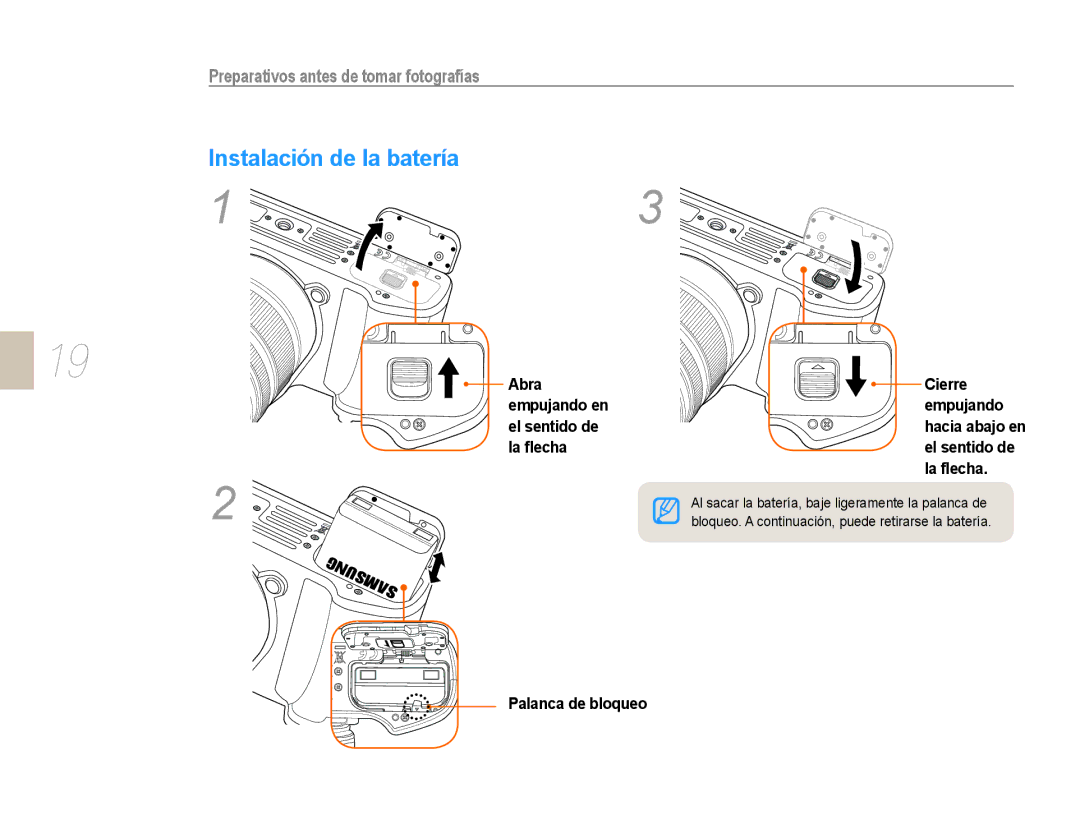 Samsung EV-NX10ZZBABPT, EV-NX10ZZBABDE, NX10RH08M3/SES Instalación de la batería, Preparativos antes de tomar fotografías 