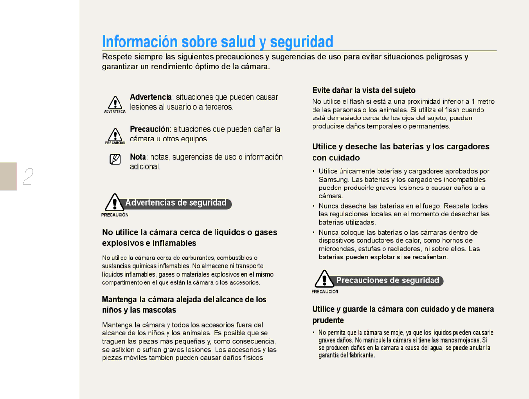 Samsung EV-NX10ZZBCBES manual Advertencias de seguridad, Precauciones de seguridad, Evite dañar la vista del sujeto 