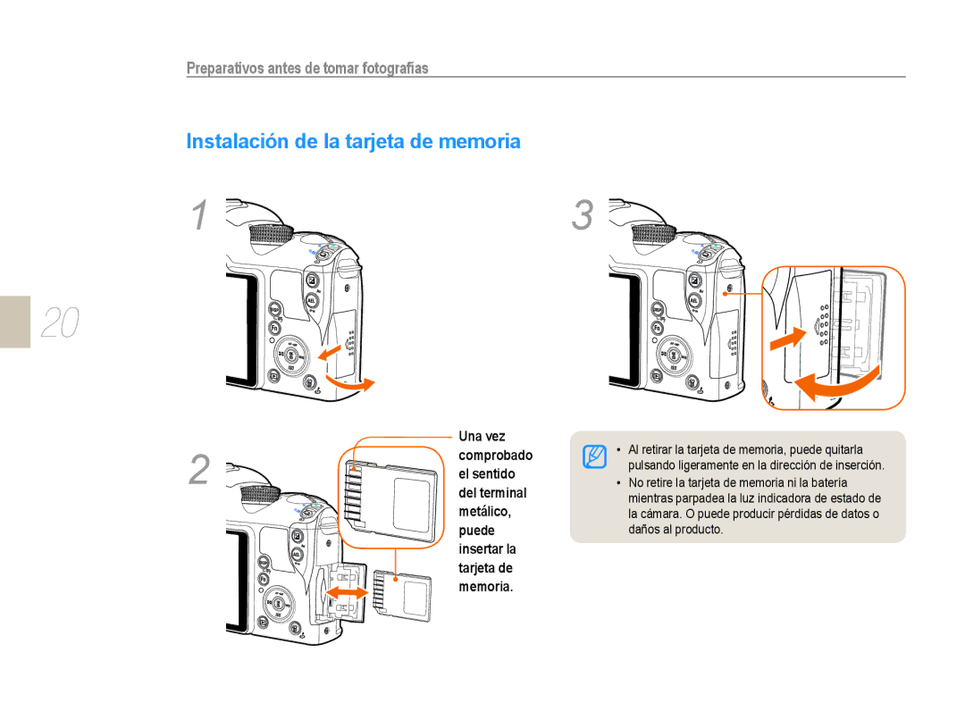 Samsung NX10PRCV02/SES, EV-NX10ZZBABDE, NX10RH08M3/SES, EV-NX10ZZBCBES, EV-NX10ZZBABPT Instalación de la tarjeta de memoria 