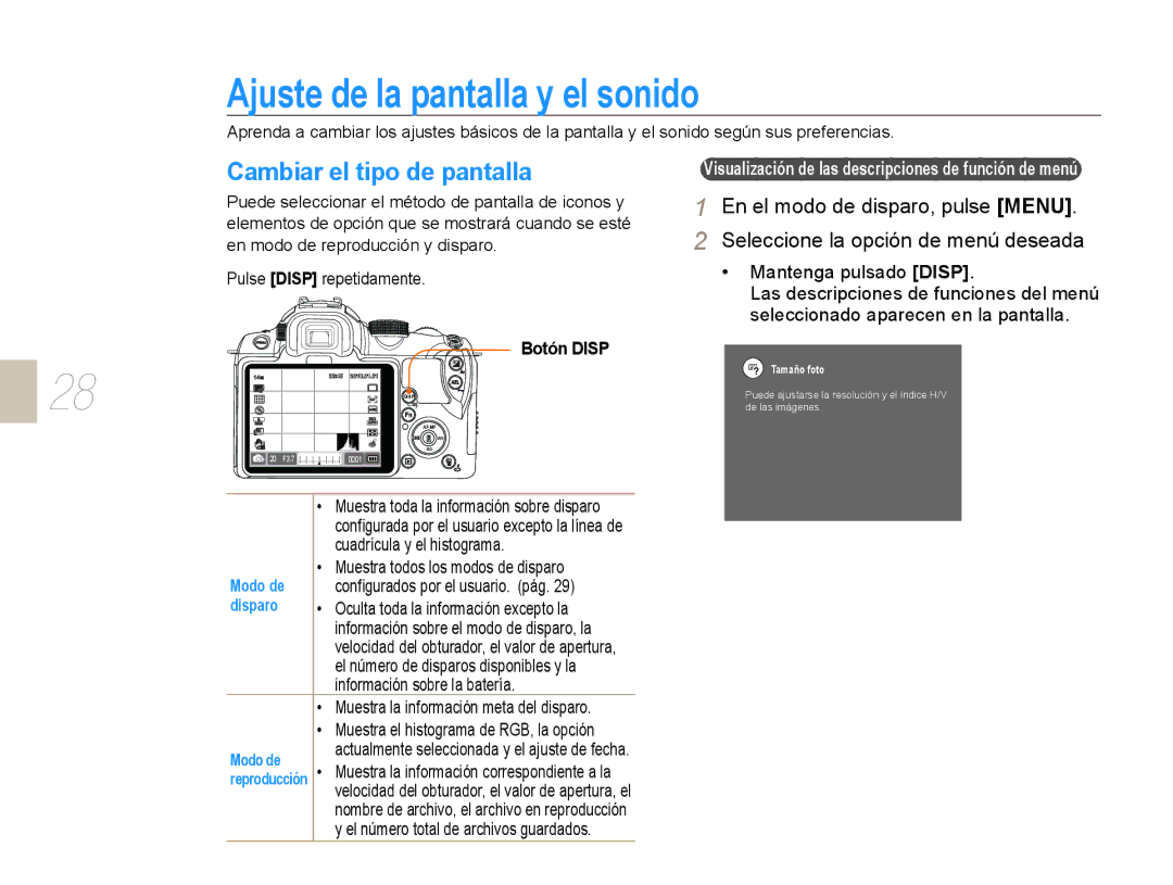 Samsung NX10PRCV02/SES manual Ajuste de la pantalla y el sonido, Cambiar el tipo de pantalla, Botón Disp, Modo de, Disparo 