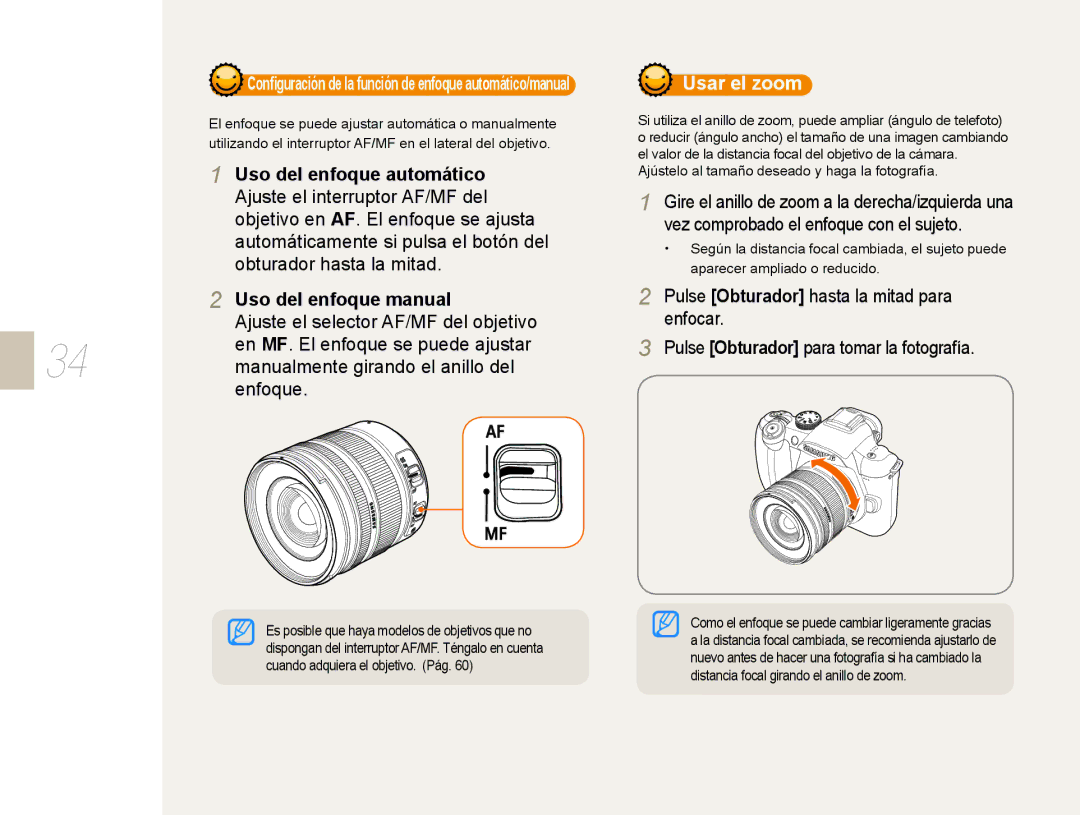 Samsung EV-NX10ZZBCBES, EV-NX10ZZBABDE Usar el zoom, Conﬁguración de la función de enfoque automático/manual 