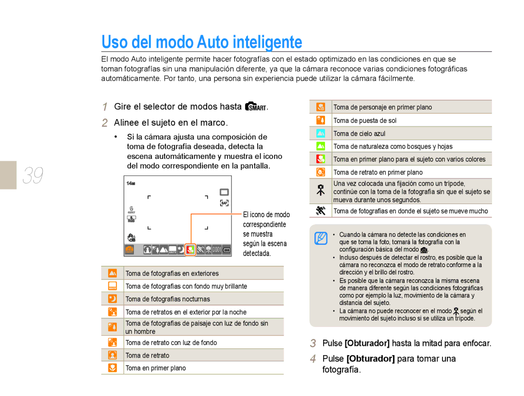 Samsung NX10PRTV01/SES manual Uso del modo Auto inteligente, Gire el selector de modos hasta Alinee el sujeto en el marco 