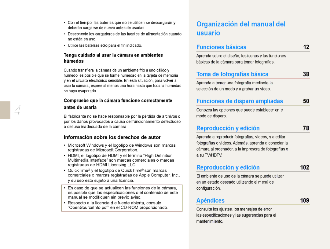 Samsung NX10PRCV02/SES Organización del manual del usuario, 102, 109, Tenga cuidado al usar la cámara en ambientes húmedos 