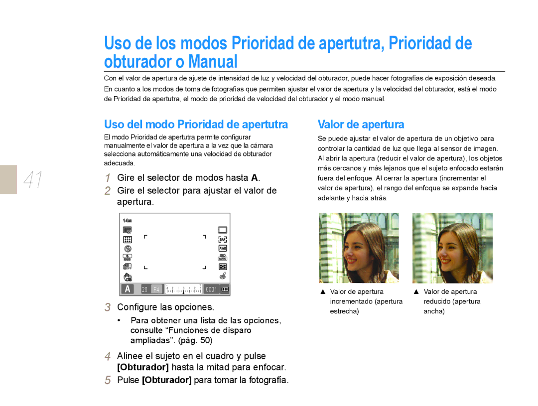 Samsung NX10RH08M3/SES Valor de apertura, Gire el selector de modos hasta a, Gire el selector para ajustar el valor de 