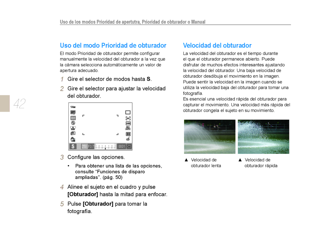 Samsung EV-NX10ZZBCBES, EV-NX10ZZBABDE, NX10RH08M3/SES manual Uso del modo Prioridad de obturador, Velocidad del obturador 