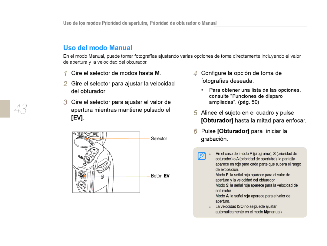 Samsung EV-NX10ZZBABPT, EV-NX10ZZBABDE, NX10RH08M3/SES, EV-NX10ZZBCBES, NX10PRCV02/SES, EV-NX10ZZBABES Uso del modo Manual 