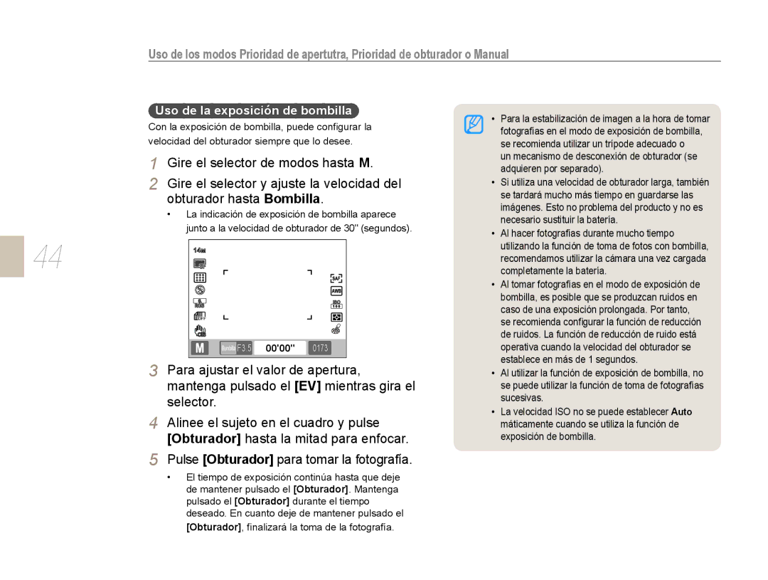 Samsung NX10PRCV02/SES, EV-NX10ZZBABDE, NX10RH08M3/SES, EV-NX10ZZBCBES, EV-NX10ZZBABPT manual Uso de la exposición de bombilla 