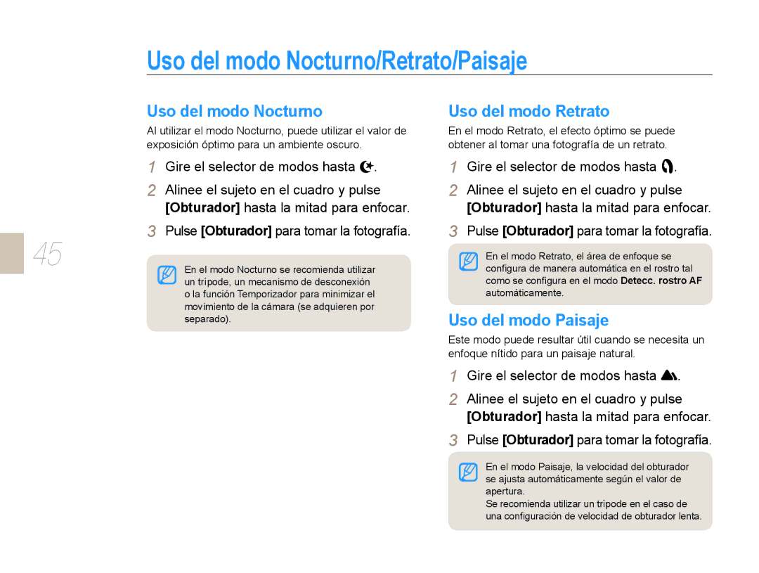 Samsung EV-NX10ZZBABDE manual Uso del modo Nocturno/Retrato/Paisaje, Uso del modo Retrato, Uso del modo Paisaje 