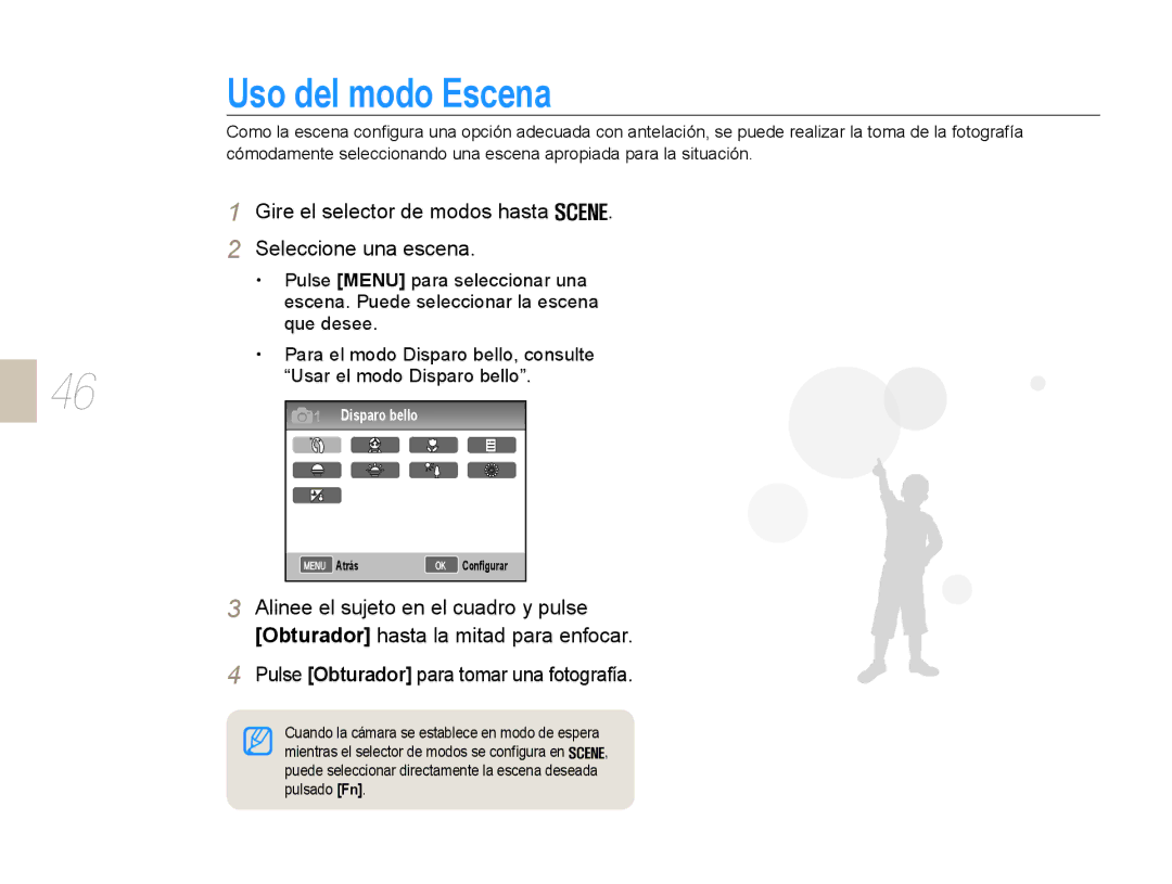 Samsung EV-NX10ZZBABES, EV-NX10ZZBABDE manual Uso del modo Escena, Gire el selector de modos hasta Seleccione una escena 