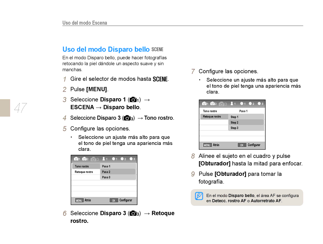 Samsung NX10PRTV01/SES, EV-NX10ZZBABDE manual Uso del modo Disparo bello, Uso del modo Escena, Escena → Disparo bello 