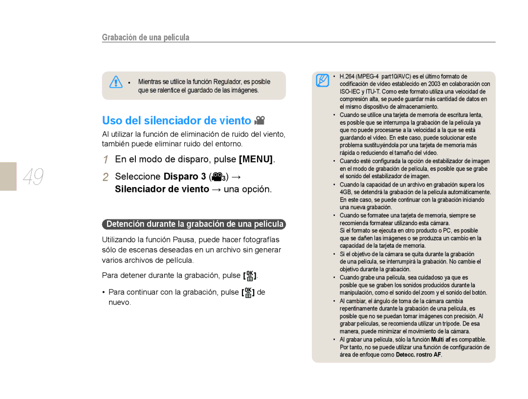 Samsung NX10RH08M3/SES, EV-NX10ZZBABDE, EV-NX10ZZBCBES manual Uso del silenciador de viento, Grabación de una película 