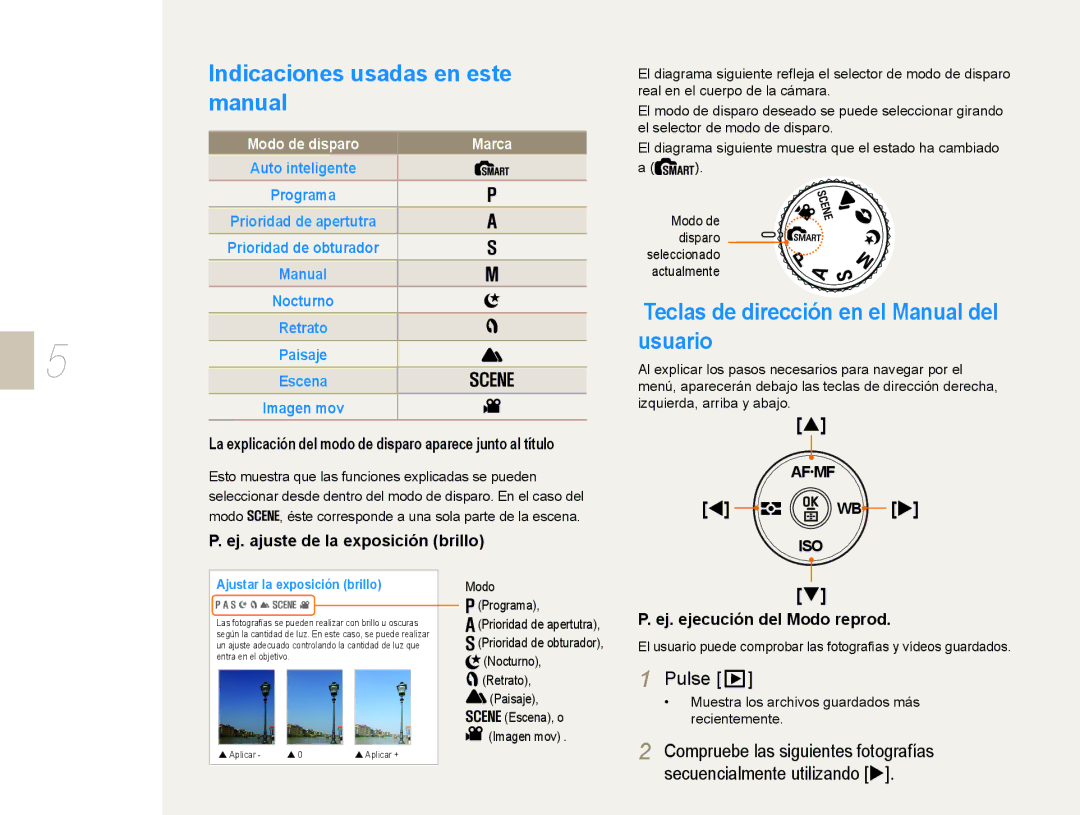 Samsung EV-NX10ZZBABDE Indicaciones usadas en este manual, Teclas de dirección en el Manual del usuario, Pulse 