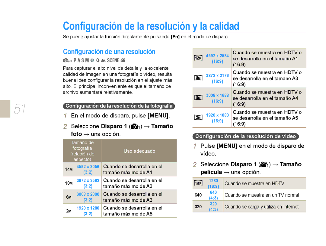 Samsung EV-NX10ZZBABPT manual Conﬁguración de la resolución y la calidad, Conﬁguración de una resolución, Foto → una opción 