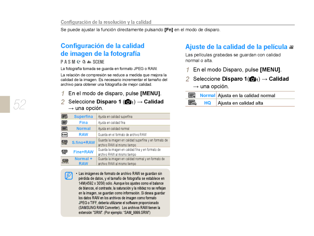 Samsung NX10PRCV02/SES manual Ajuste de la calidad de la película, Conﬁguración de la resolución y la calidad, Normal 