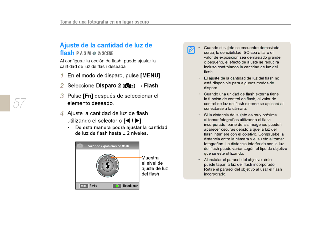 Samsung NX10RH08M3/SES, EV-NX10ZZBABDE, EV-NX10ZZBCBES, EV-NX10ZZBABPT, NX10PRCV02/SES Ajuste de la cantidad de luz de, ﬂash 