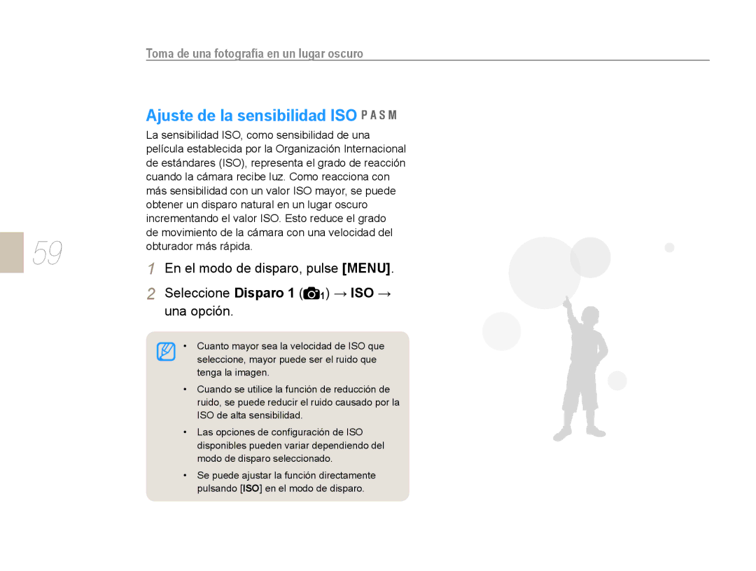 Samsung EV-NX10ZZBABPT, EV-NX10ZZBABDE manual Ajuste de la sensibilidad ISO, Seleccione Disparo 1 1 → ISO →, Una opción 