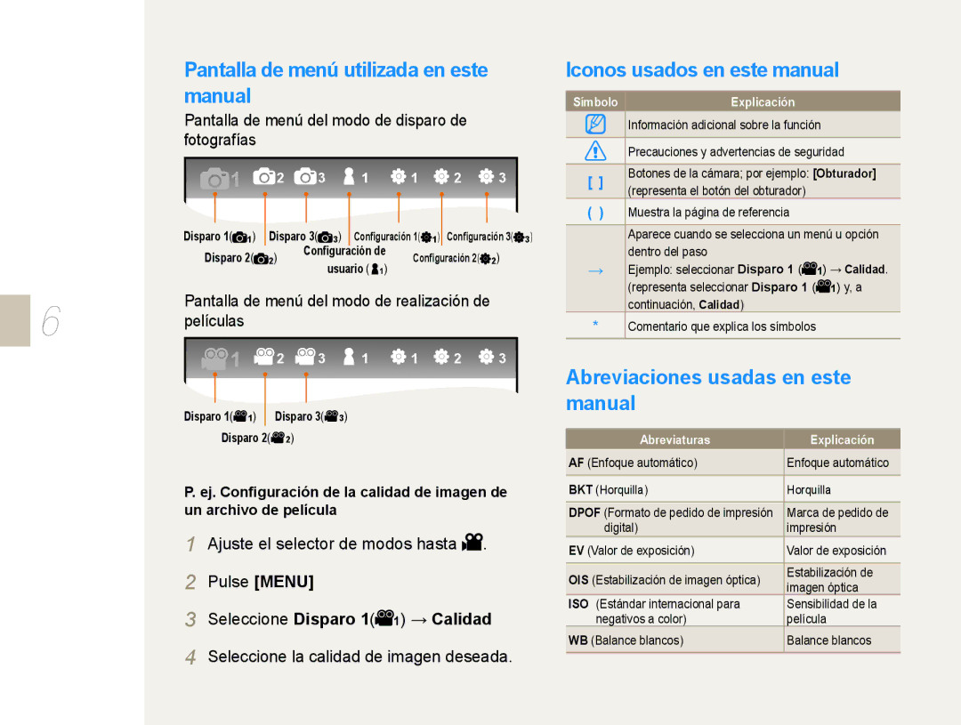 Samsung EV-NX10ZZBABES, EV-NX10ZZBABDE Pantalla de menú utilizada en este manual, Iconos usados en este manual 