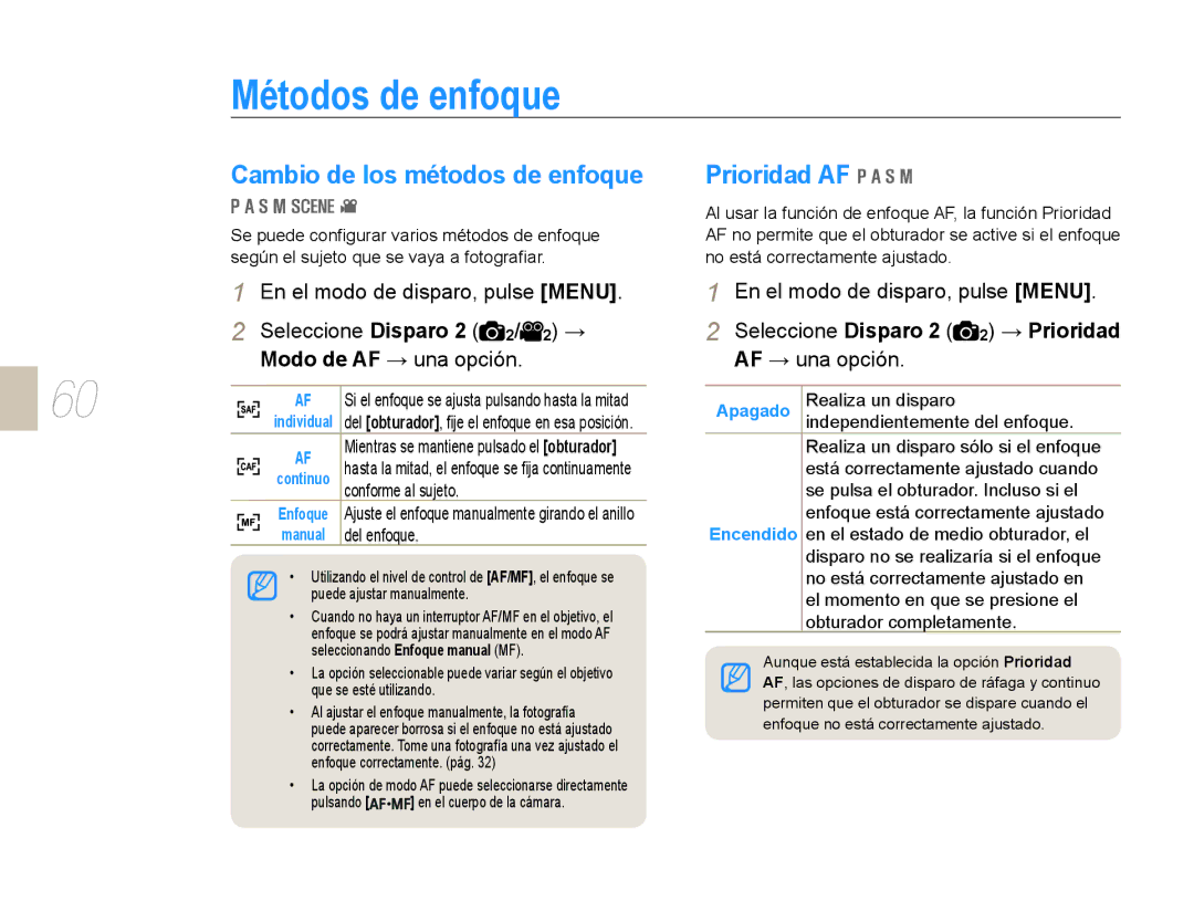 Samsung NX10PRCV02/SES manual Métodos de enfoque, Cambio de los métodos de enfoque, Conforme al sujeto, Del enfoque 