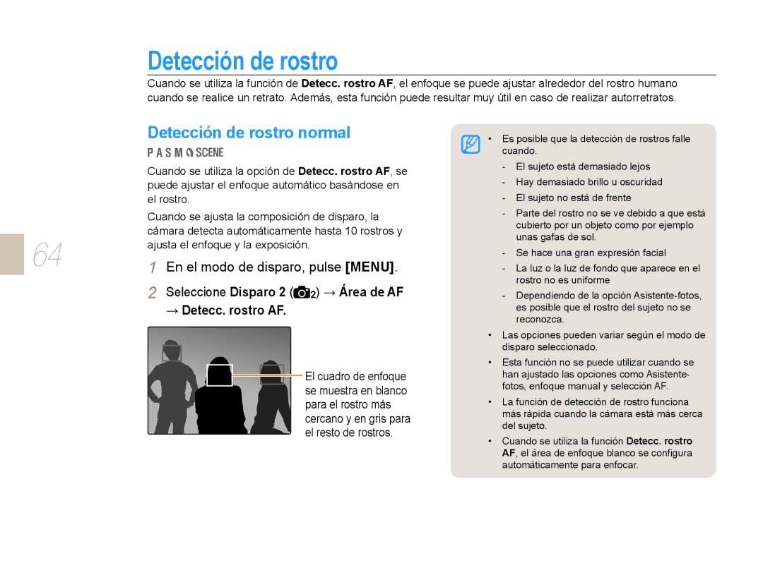 Samsung EV-NX10ZZBABDE manual Detección de rostro normal, Seleccione Disparo 2 2 → Área de AF → Detecc. rostro AF 