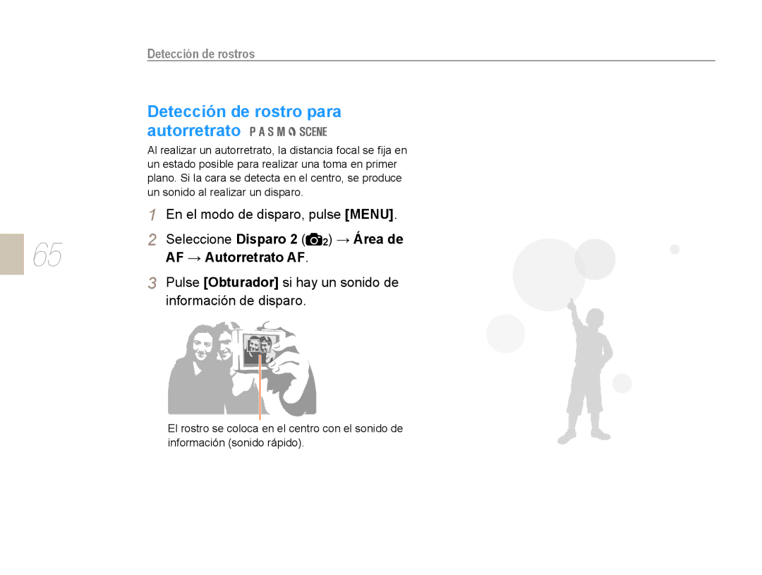 Samsung NX10RH08M3/SES manual Detección de rostro para autorretrato, Detección de rostros, Seleccione Disparo 2 2 → Área de 