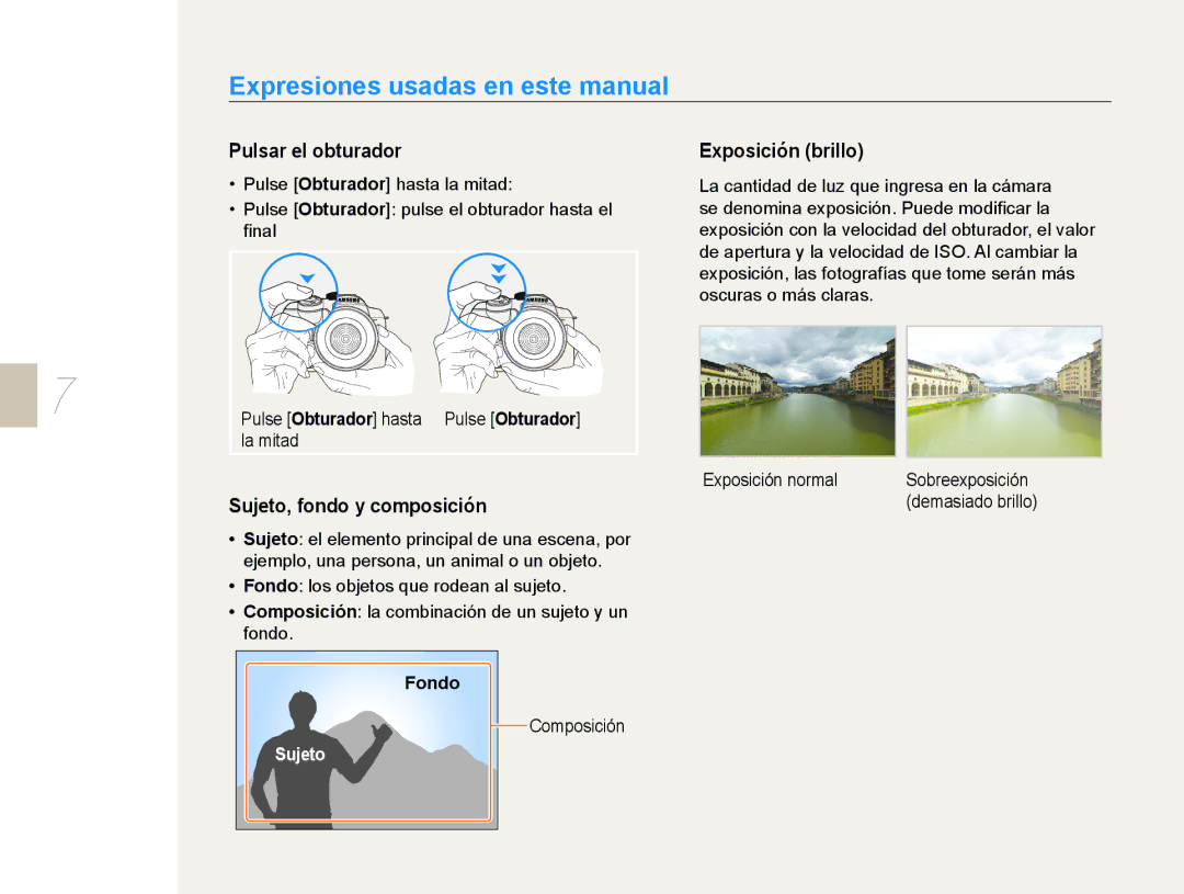 Samsung NX10PRTV01/SES Expresiones usadas en este manual, Pulsar el obturador, Sujeto, fondo y composición, Fondo 