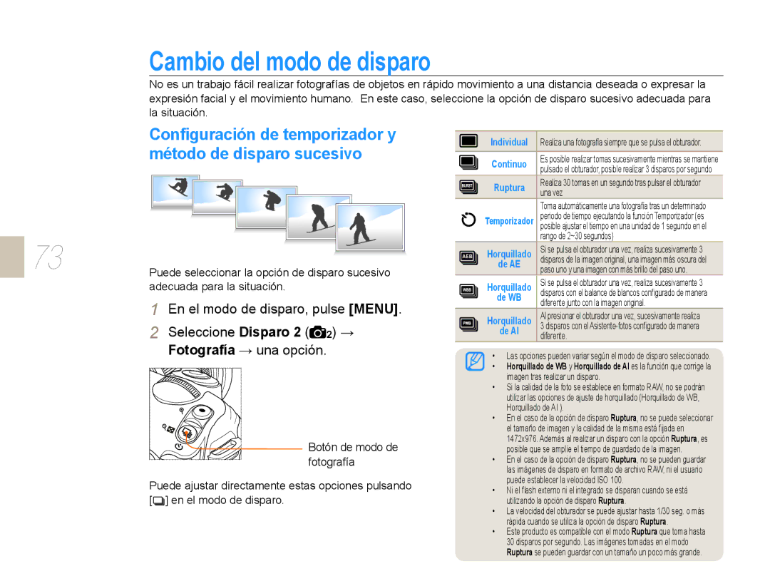 Samsung NX10RH08M3/SES manual Cambio del modo de disparo, Conﬁguración de temporizador y, Método de disparo sucesivo 