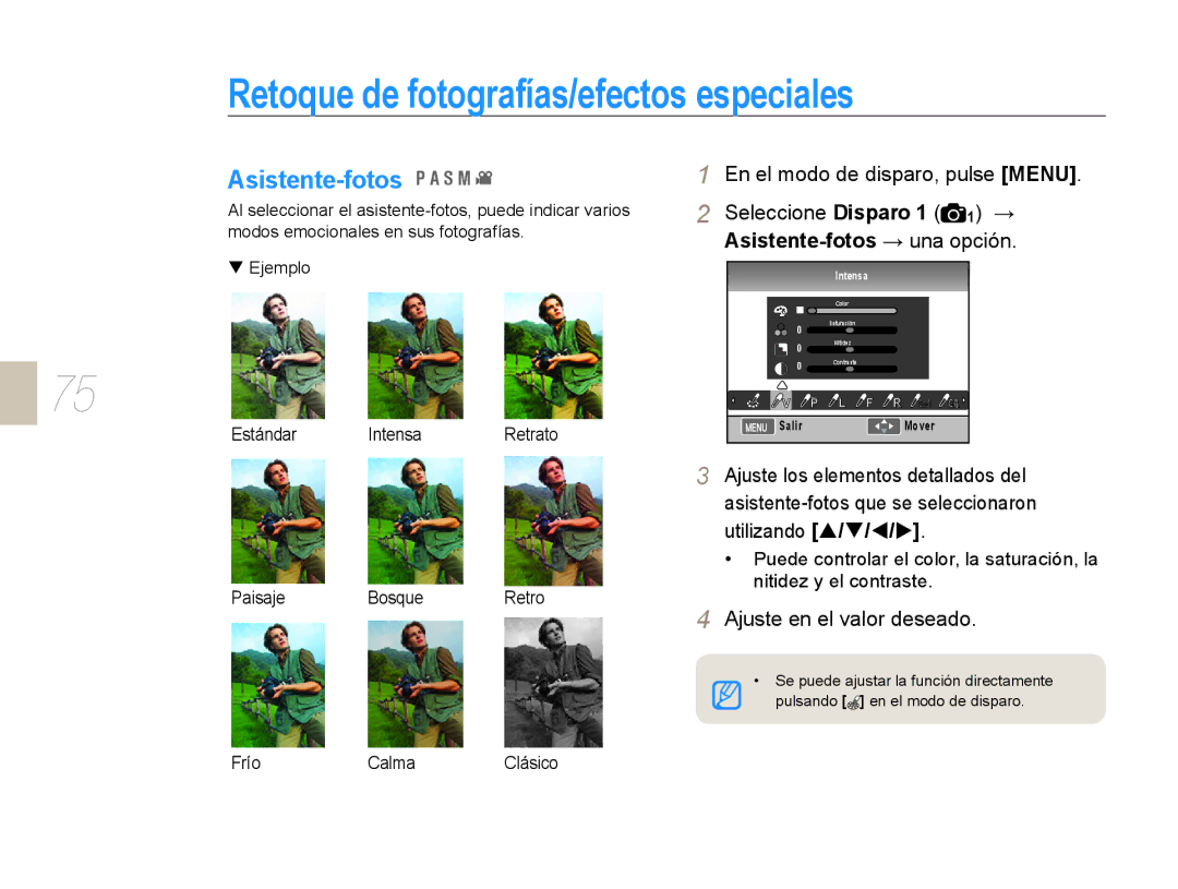 Samsung EV-NX10ZZBABPT manual Retoque de fotografías/efectos especiales, Asistente-fotos, Ajuste en el valor deseado 