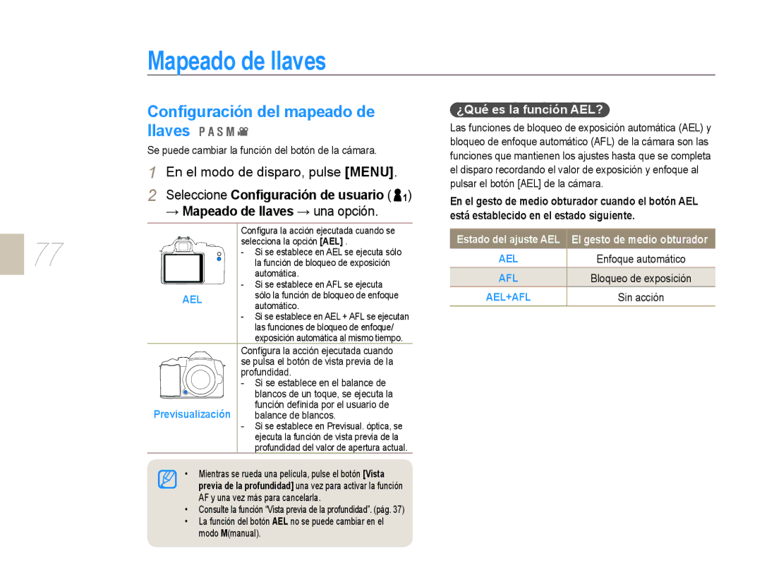 Samsung EV-NX10ZZBABDE, NX10RH08M3/SES Mapeado de llaves, Conﬁguración del mapeado de llaves, ¿Qué es la función AEL? 