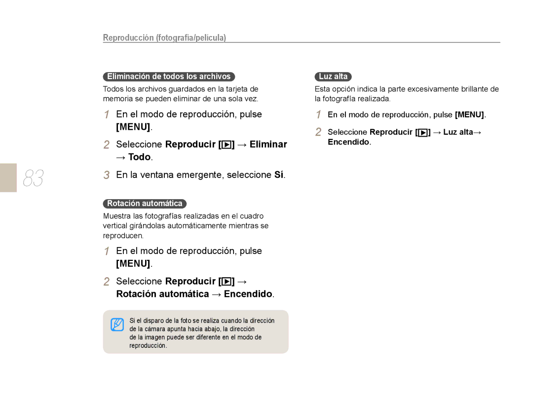 Samsung EV-NX10ZZBABPT, EV-NX10ZZBABDE manual En el modo de reproducción, pulse, Seleccione Reproducir → Eliminar, → Todo 