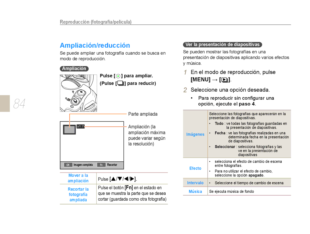 Samsung NX10PRCV02/SES, EV-NX10ZZBABDE, NX10RH08M3/SES, EV-NX10ZZBCBES Ampliación/reducción, Pulse Para ampliar Para reducir 