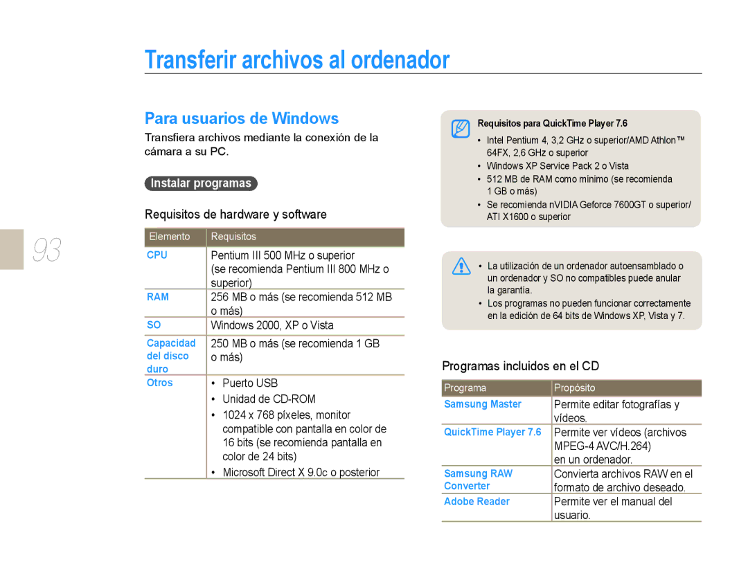 Samsung EV-NX10ZZBABDE Transferir archivos al ordenador, Para usuarios de Windows, Requisitos de hardware y software 