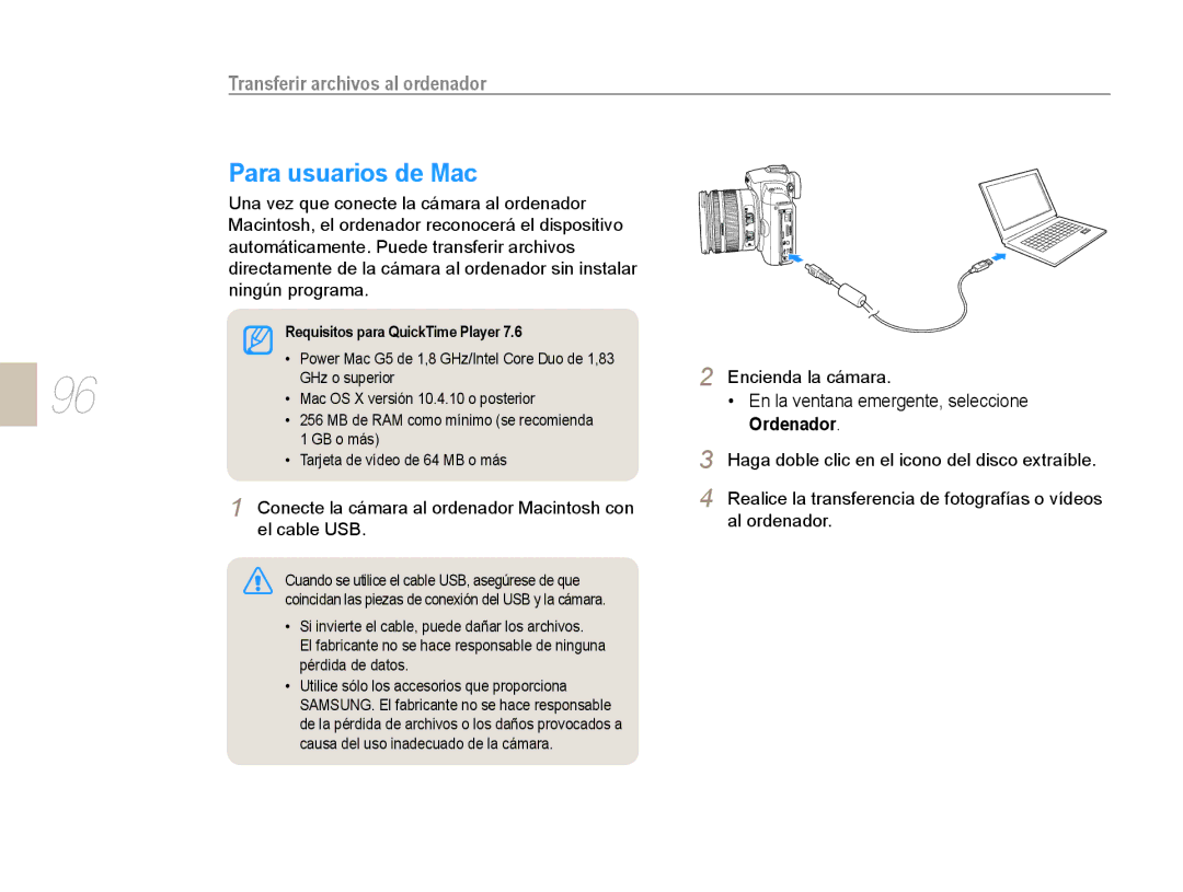 Samsung EV-NX10ZZBABDE, NX10RH08M3/SES Para usuarios de Mac, Conecte la cámara al ordenador Macintosh con el cable USB 