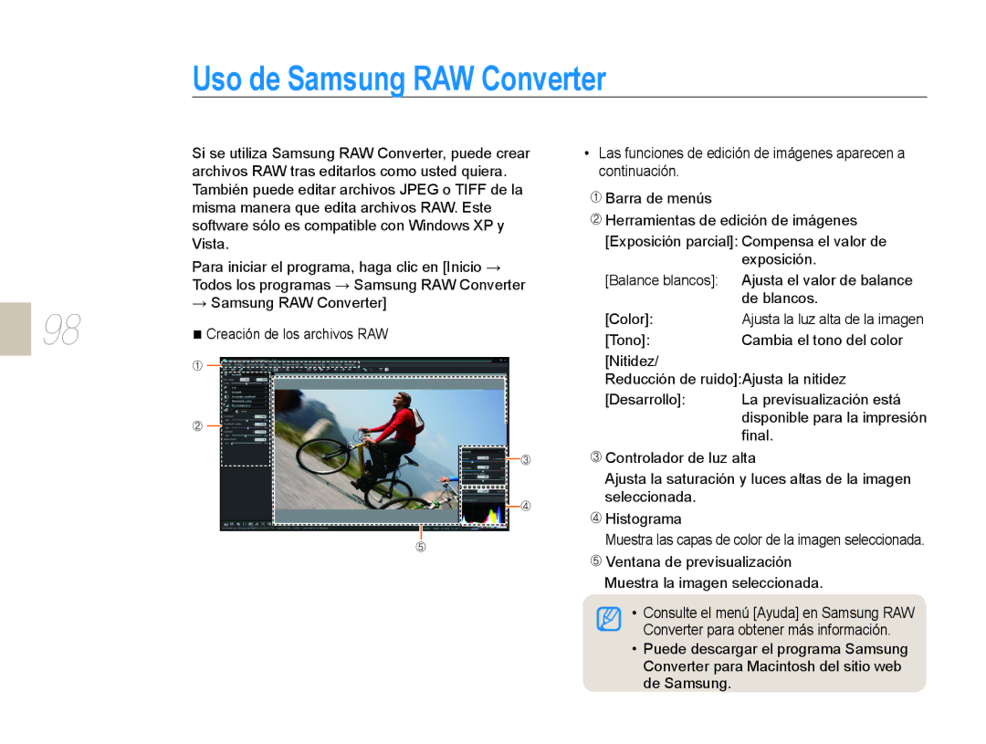 Samsung EV-NX10ZZBCBES, EV-NX10ZZBABDE, NX10RH08M3/SES, EV-NX10ZZBABPT, NX10PRCV02/SES manual Uso de Samsung RAW Converter 