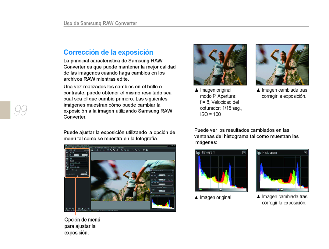 Samsung EV-NX10ZZBABPT, EV-NX10ZZBABDE manual Corrección de la exposición, Uso de Samsung RAW Converter, Modo P, Apertura 