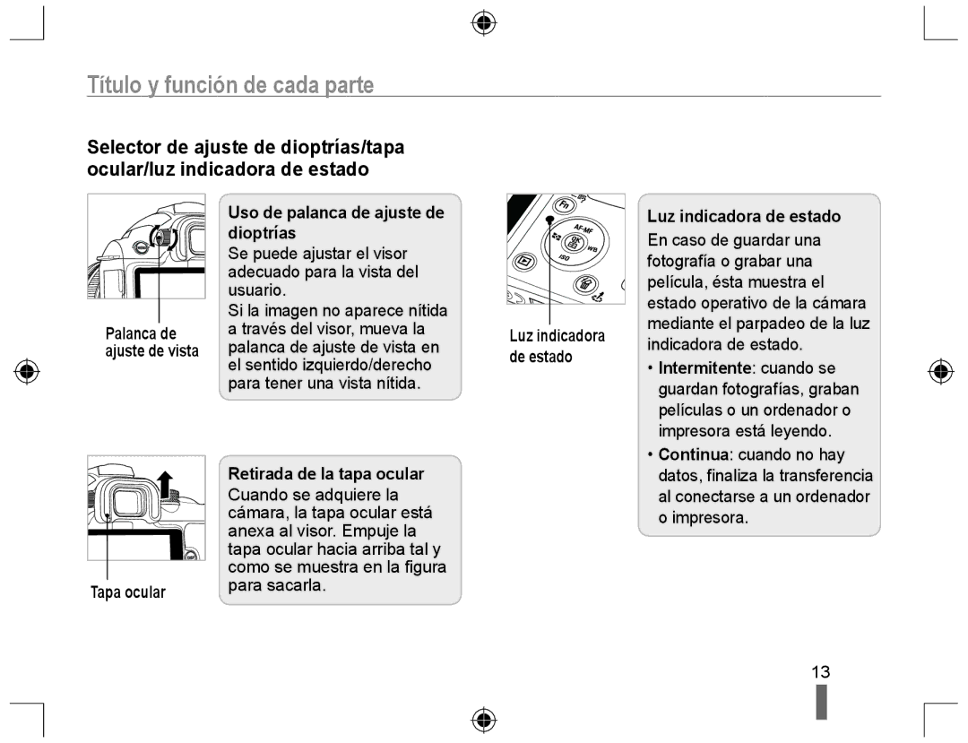 Samsung NX10 manual Tapa ocular Uso de palanca de ajuste de dioptrías, Retirada de la tapa ocular, Luz indicadora de estado 