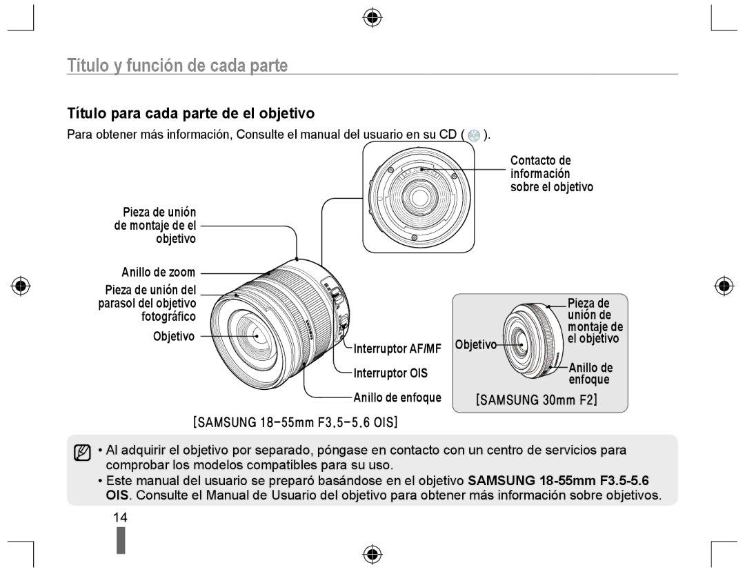 Samsung EV-NX10ZZBABES, EV-NX10ZZBABDE, NX10RH08M3/SES, EV-NX10ZZBCBES, EV-NX10ZZBABPT Título para cada parte de el objetivo 