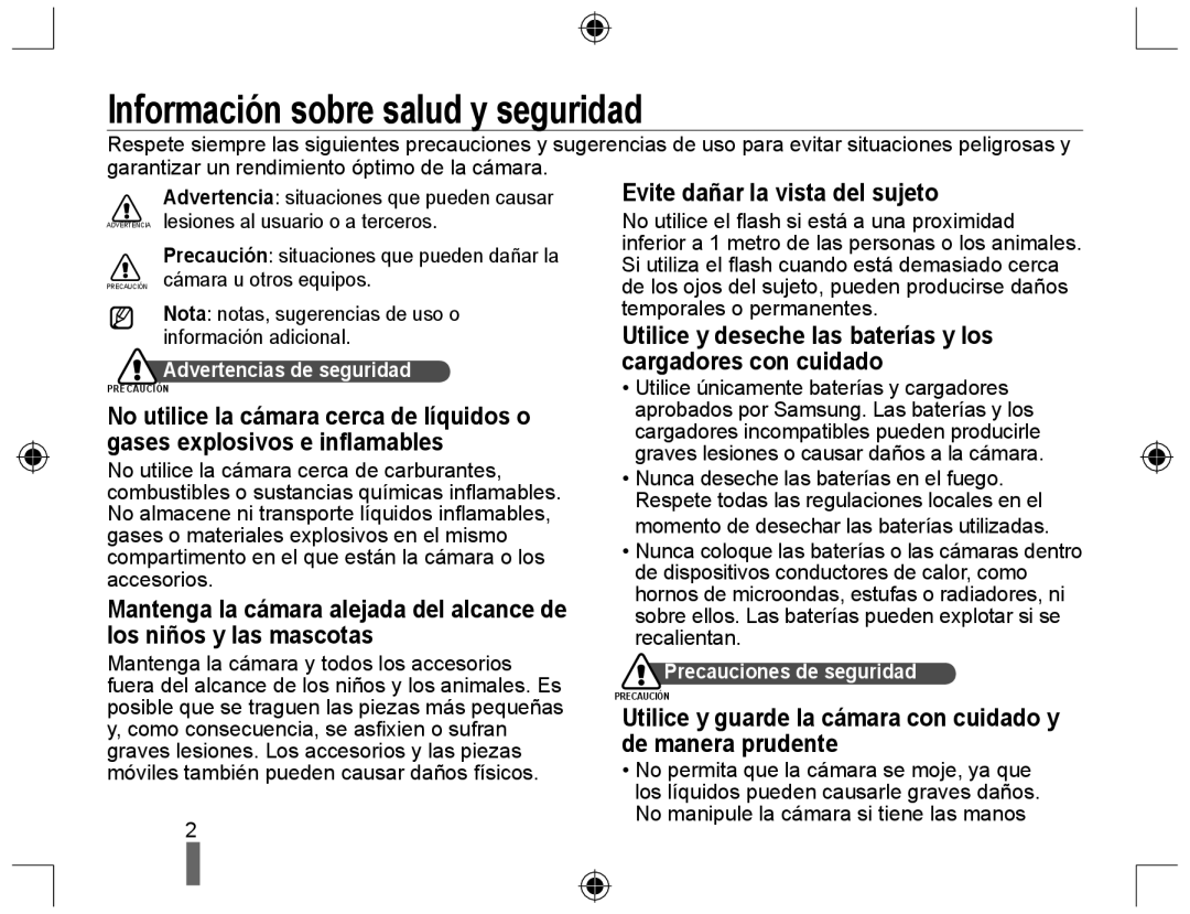 Samsung EV-NX10ZZBCBES, EV-NX10ZZBABDE, NX10RH08M3/SES Información sobre salud y seguridad, Evite dañar la vista del sujeto 