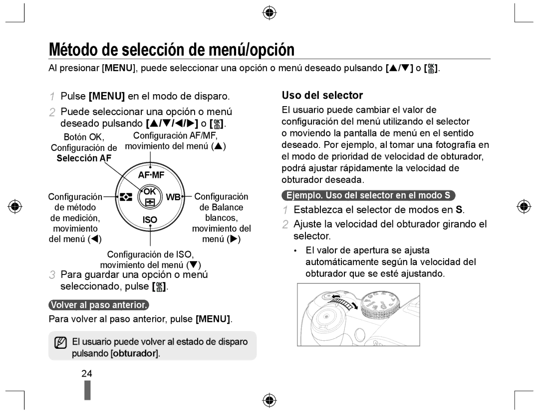 Samsung EV-NX10ZZBABDE, NX10RH08M3/SES manual Método de selección de menú/opción, Uso del selector, Volver al paso anterior 