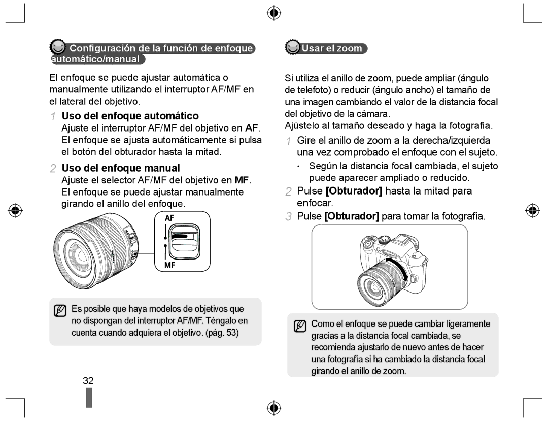 Samsung EV-NX10ZZBABDE, NX10RH08M3/SES, EV-NX10ZZBCBES Uso del enfoque automático, Uso del enfoque manual, Usar el zoom 