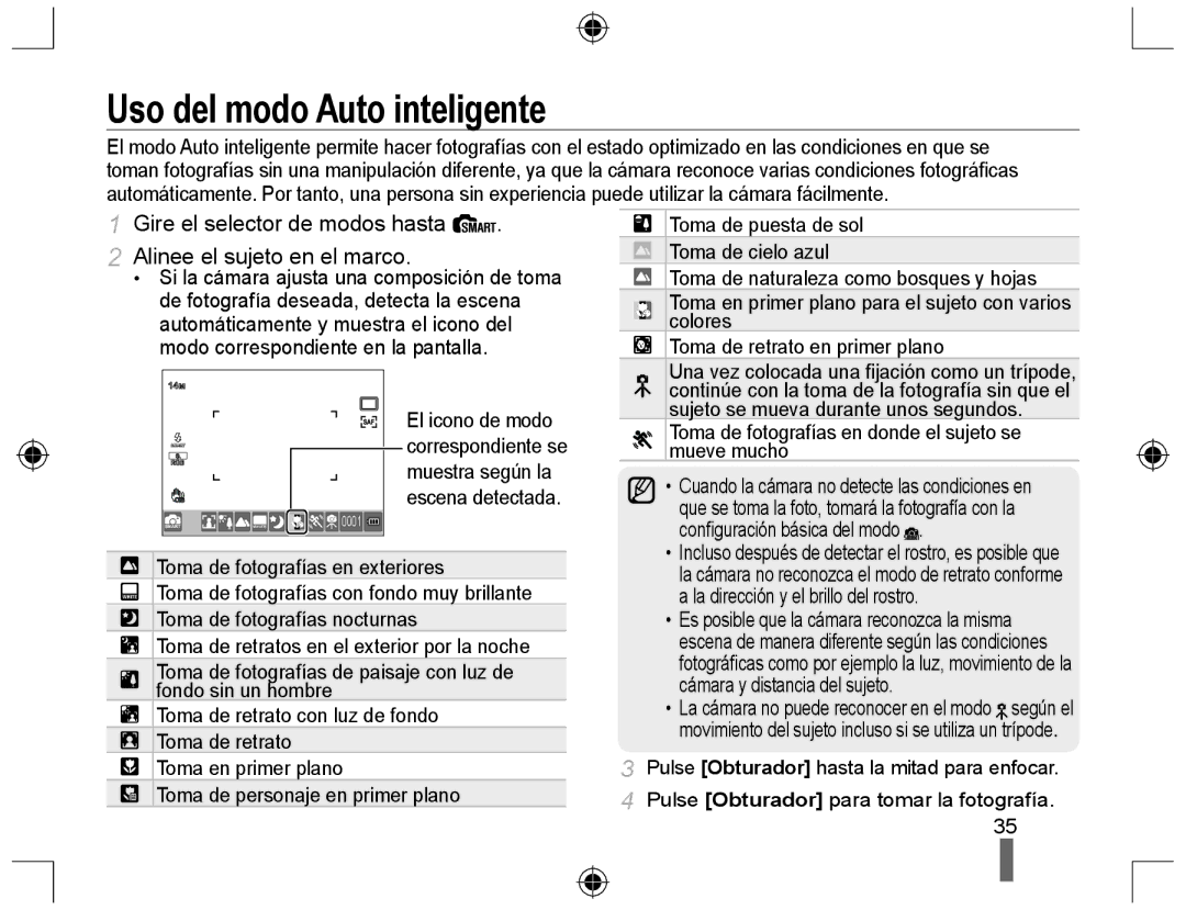 Samsung EV-NX10ZZBABPT manual Uso del modo Auto inteligente, Toma de fotografías en donde el sujeto se mueve mucho 