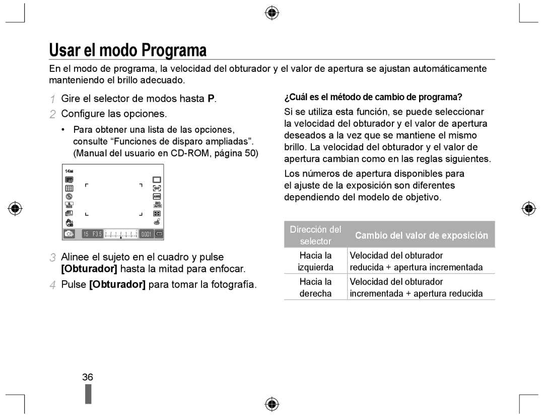 Samsung NX10PRCV02/SES, EV-NX10ZZBABDE manual Usar el modo Programa, Gire el selector de modos hasta P Conﬁgure las opciones 