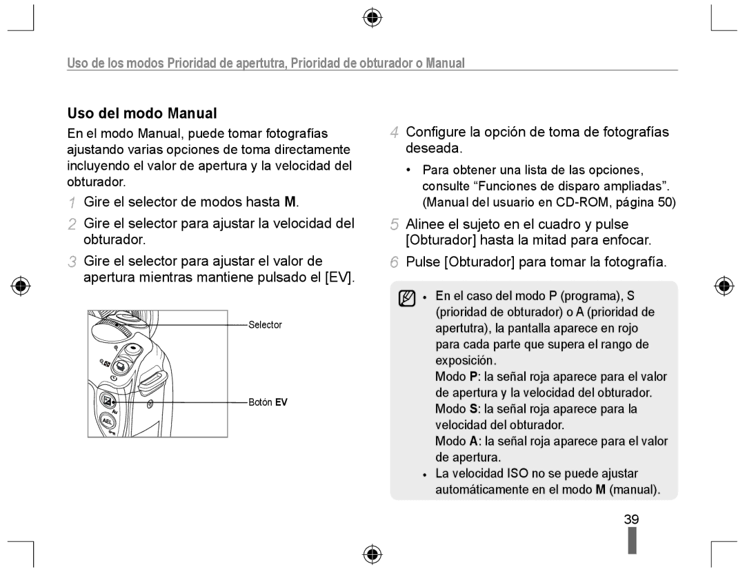 Samsung NX10PRTV01/SES, EV-NX10ZZBABDE manual Uso del modo Manual, Conﬁgure la opción de toma de fotografías deseada 